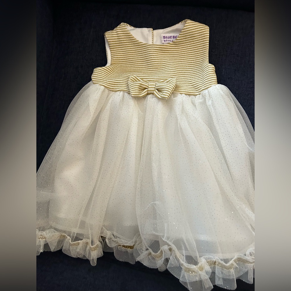 Baby Girls’ 6-9 mo Gold and White Sleeveless Dress with Bow
